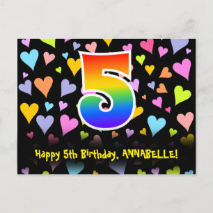 Carte Postale 5e anniversaire : motif coeurs amusants, arc-en-ci