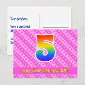Carte Postale 5e anniversaire: rayures roses et cœurs, arc-en-ci (Devant / Derrière)