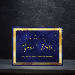 Carte Postale 60e anniversaire bleu foncé or enregistrer la date<br><div class="desc">Une carte Save the Date pour une fête du 60e anniversaire pour un type, un homme, un homme. Un arrière - plan bleu foncé décoré de confettis dorés et d'un faux cadre doré et noir. La couleur bleue est inégale. Modèles pour une date et nom/âge 60. Lettres de couleur dorée....</div>