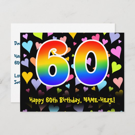 Carte Postale 60e anniversaire : Fun Hearts Motif, Arc-en-ciel 6 (Devant / Derrière)