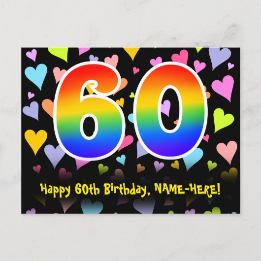 Carte Postale 60e anniversaire : motif coeurs amusants, arc-en-c (Devant)