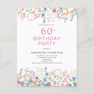 Carte Postale 60e anniversaire Pink Floral Fleur sauvage Invitat