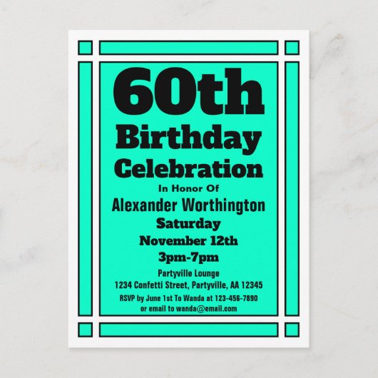 Carte Postale 60e Turquoise simple Invitation d'anniversaire Car (Devant)