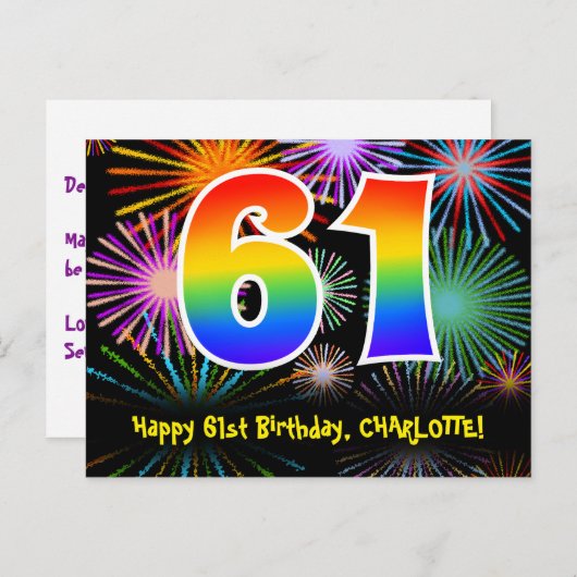 Carte Postale 61e anniversaire - Fun Motif Fireworks + Arc-en-ci (Devant / Derrière)