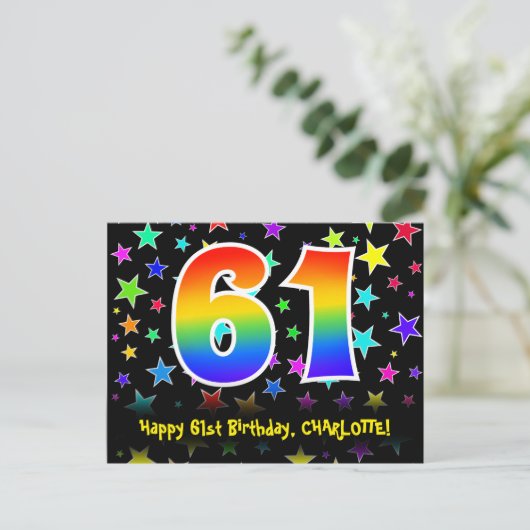Carte Postale 61e anniversaire : Fun Stars Motif, Rainbow 61, No (Debout devant)