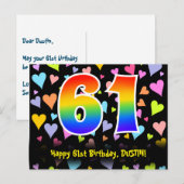 Carte Postale 61e anniversaire : motif de cœurs amusants, arc-en (Devant / Derrière)