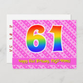 Carte Postale 61e Anniversaire : Rayures roses & Cœurs, Arc-en-c (Devant / Derrière)