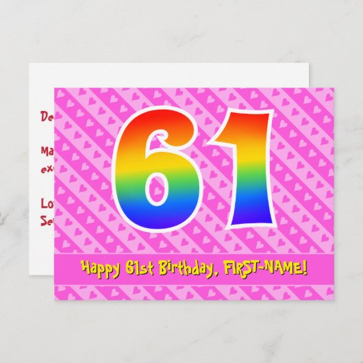 Carte Postale 61e Anniversaire : Rayures roses & Cœurs, Arc-en-c (Devant / Derrière)