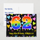 Carte Postale 62e Anniversaire : motif coeurs amusants, arc-en-c (Devant / Derrière)