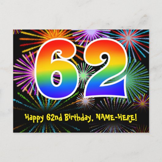 Carte Postale 62e Anniversaire – Motif de feux d'artifice amusan (Devant)
