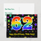 Carte Postale 62e Anniversaire : motif d'étoiles amusantes, arc- (Devant / Derrière)