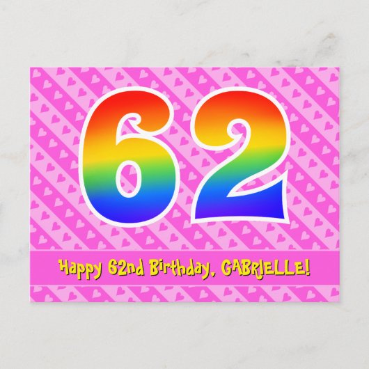 Carte Postale 62e anniversaire : Pink Stripes & Hearts, Arc en c (Devant)