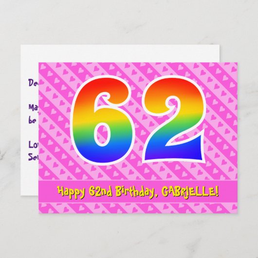 Carte Postale 62e Anniversaire : Rayures roses & Cœurs, Arc-en-c (Devant / Derrière)