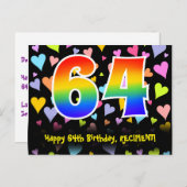 Carte Postale 64e Anniversaire : motif coeurs amusants, arc-en-c (Devant / Derrière)