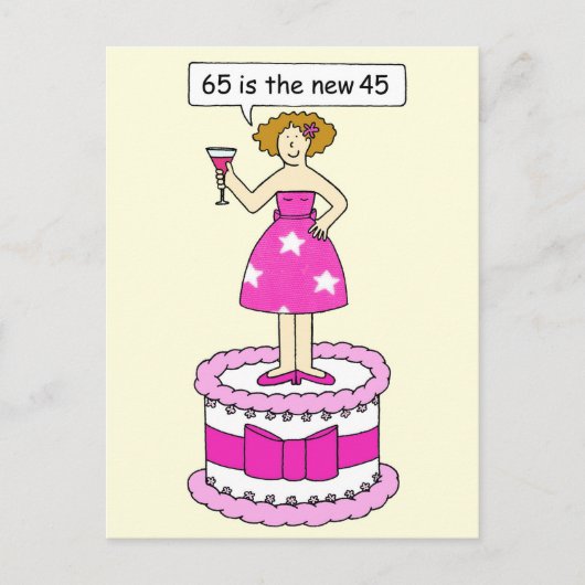 Carte Postale 65e anniversaire Humour pour Sa Dame sur un gâteau (Devant)