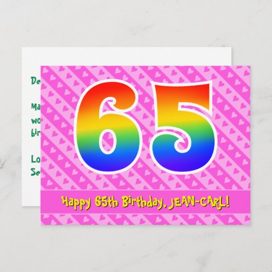 Carte Postale 65e anniversaire : Rayures roses et cœurs, 65 arc- (Devant / Derrière)