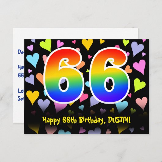 Carte Postale 66e anniversaire : motif coeurs amusants, arc-en-c (Devant / Derrière)