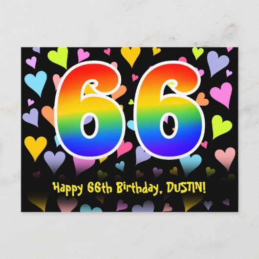 Carte Postale 66e anniversaire : motif coeurs amusants, arc-en-c (Devant)