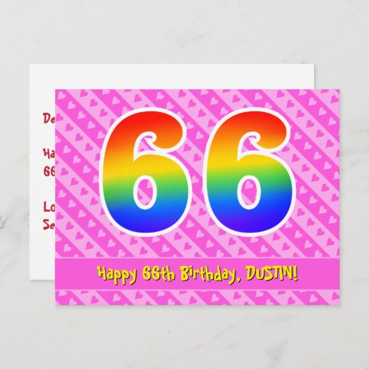 Carte Postale 66e Anniversaire : Rayures roses & Cœurs, Arc-en-c (Devant / Derrière)