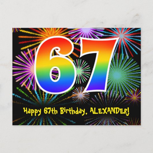 Carte Postale 67e anniversaire - Fun Motif Fireworks + Arc-en-ci (Devant)
