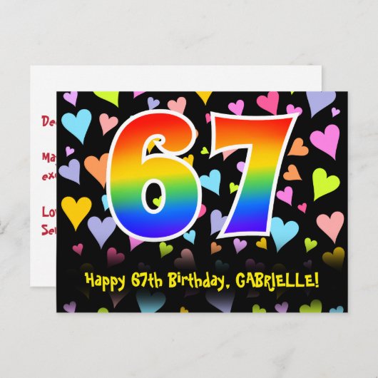 Carte Postale 67e anniversaire : motif coeurs amusants, arc-en-c (Devant / Derrière)