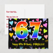 Carte Postale 67e anniversaire : motif de cœurs amusants, arc-en (Devant / Derrière)