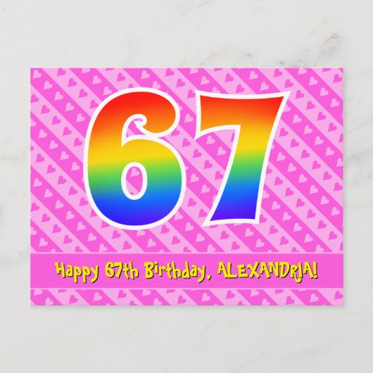 Carte Postale 67e Anniversaire : Rayures roses & Cœurs, Arc-en-c (Devant)