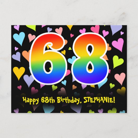 Carte Postale 68e anniversaire : motif de cœurs amusants, arc-en (Devant)