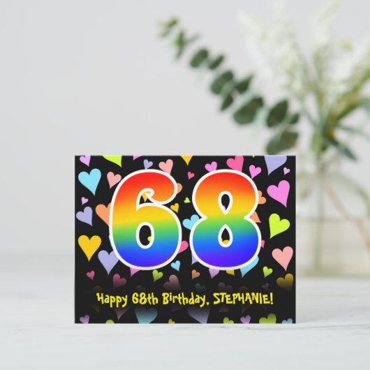 Carte Postale 68e anniversaire : motif de cœurs amusants, arc-en (Debout devant)