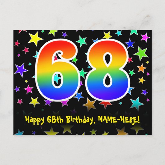 Carte Postale 68e Anniversaire : motif d'étoiles amusantes, arc- (Devant)