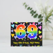 Carte Postale 69e anniversaire : Fun Hearts Motif, Arc-en-ciel 6 (Debout devant)