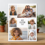 Carte Postale 6 photo collage - arrière - plan blanc - texte noi<br><div class="desc">6 photos dans un motif inégal entourent une ouverture pour trois lignes de texte. Utilisez 2 photos recadrées carrés et 4 photos verticales pour faire ce travail! L'arrière - plan est blanc. Si vous voulez modifier les couleurs,  cliquez sur l'espace design avancé et voir plus de choix.</div>