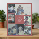 Carte Postale 6 photo collage - arrière - plan mauve - texte bla<br><div class="desc">6 photos dans un motif inégal entourent une ouverture pour trois lignes de texte. Utilisez 2 photos recadrées carrés et 4 photos verticales pour faire ce travail! L'arrière - plan est d'une couleur solide. Si vous voulez modifier les couleurs,  cliquez sur l'espace design avancé et voir plus de choix.</div>