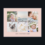 Carte Postale 6 photos personnalisées Salutations universelles<br><div class="desc">Personnalisé 6 photos de famille doré heure rose vif mignon chic féminin Universelle Greutages Cartes postales avec un collage photo élégant avec 6 images customisées,  votre message de salutations en élégante police manuscrite,  votre nom,  date,  année,  message au dos dans une police sans serif moderne et simple.</div>