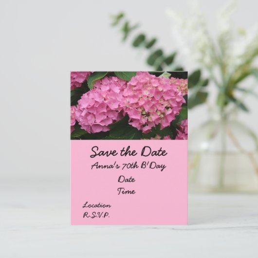 Carte Postale 70e anniversaire avec fleurs d'hydrangée rose (Debout devant)