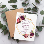 Carte Postale 70e anniversaire d'invitation à l'or floral bordea<br><div class="desc">Devant : Une invitation à une élégante fête du 70ème anniversaire. Un arrière - plan blanc chic avec un cadre géométrique faux or. Décorées de fleurs bordeaux foncées et roses d'eau, de roses et de plumes de style boho. Modèles pour un nom et les détails du parti. Le nom est...</div>