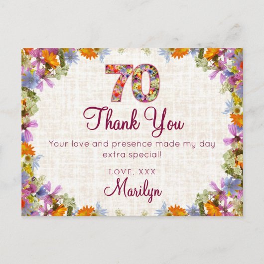 Carte Postale 70e anniversaire Merci - Design floral élégant (Devant)