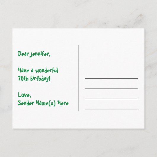 Carte Postale 70e Anniversaire : Rayures roses & Cœurs, Arc-en-c (Dos)