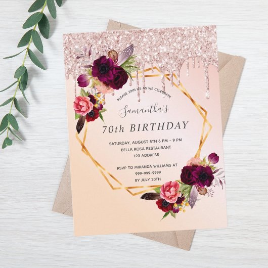 Carte Postale 70e anniversaire rose or parties scintillant flora