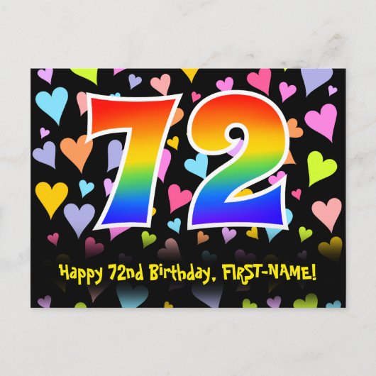 Carte Postale 72e anniversaire : motif coeurs amusants, arc-en-c (Devant)