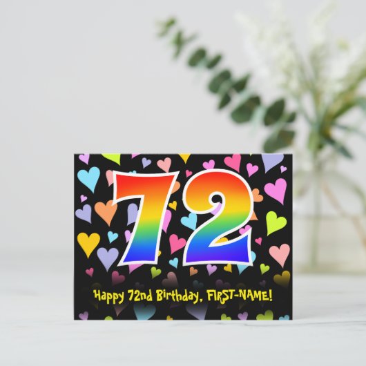Carte Postale 72e anniversaire : motif coeurs amusants, arc-en-c (Debout devant)