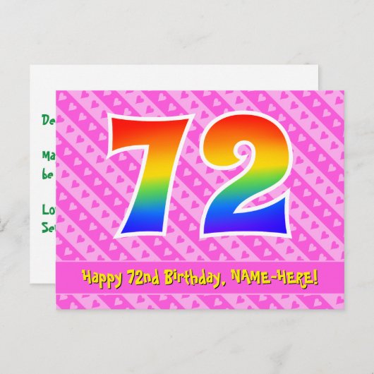 Carte Postale 72e Anniversaire : Rayures roses & Cœurs, Arc-en-c (Devant / Derrière)