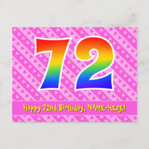 Carte Postale 72e anniversaire : rayures roses et cœurs, arc-en-