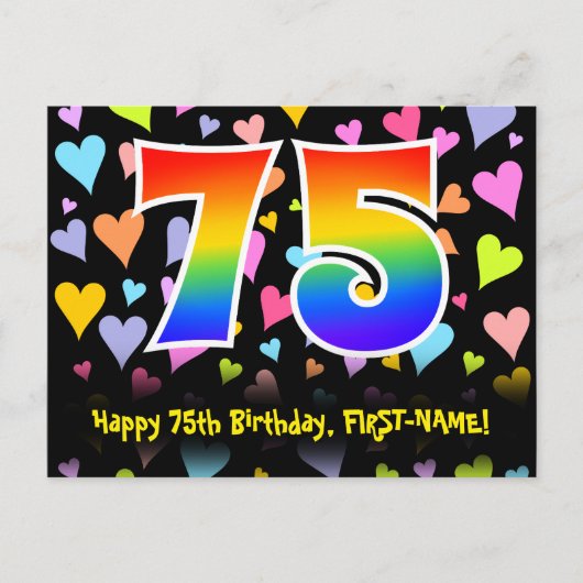 Carte Postale 75e anniversaire : motif coeurs amusants, arc-en-c (Devant)