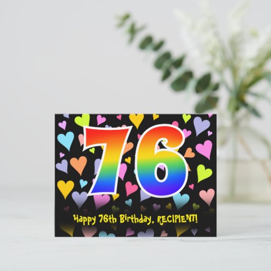 Carte Postale 76e anniversaire : motif de cœurs amusants, arc-en (Debout devant)