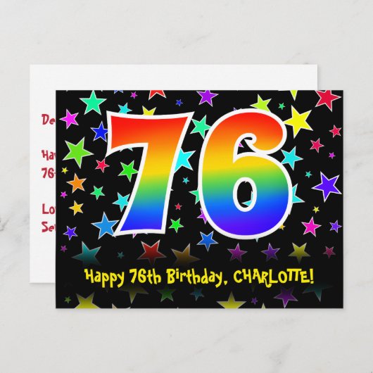 Carte Postale 76e Anniversaire : motif d'étoiles amusantes, arc- (Devant / Derrière)