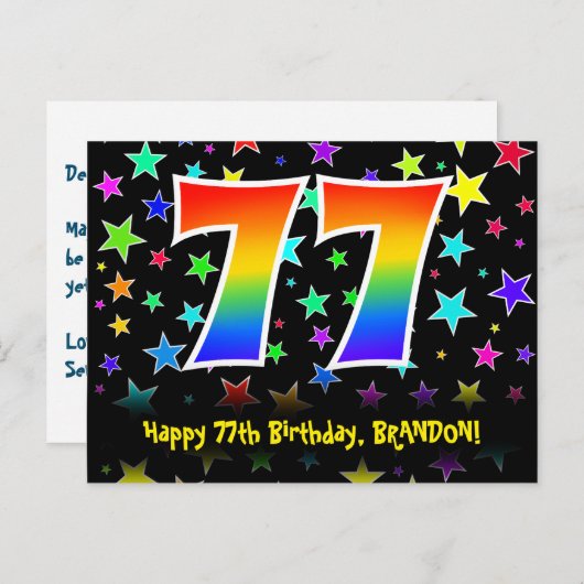 Carte Postale 77e Anniversaire : motif d'étoiles amusantes, arc- (Devant / Derrière)