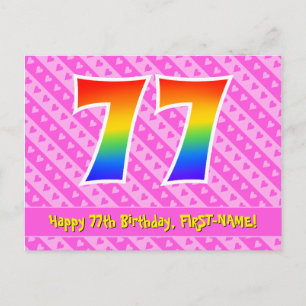 Carte Postale 77e anniversaire : Rayures roses et cœurs, Arc-en-