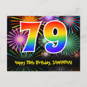 Carte Postale 79e anniversaire - Fun Motif Fireworks + Rainbow 7