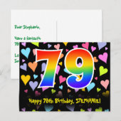 Carte Postale 79e anniversaire : motif coeurs amusants, arc-en-c (Devant / Derrière)